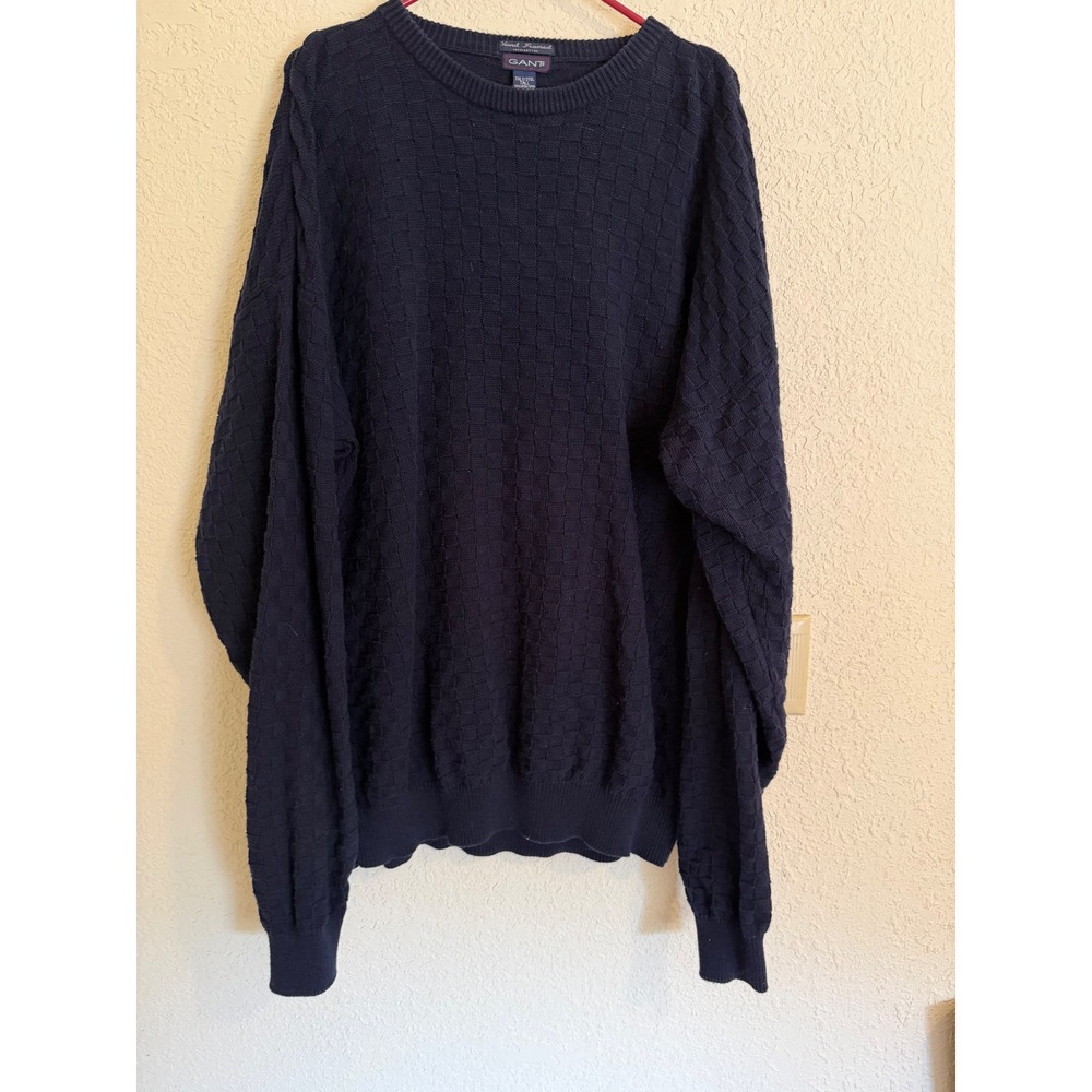 Gant Mens 2XLT Tall Navy Blue Textured Cotton Crewneck Sweater Hand Framed 2XL T